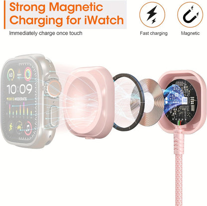 24-Inch Pink Braided Charging Cable with USB-A Input, Lightning, USB-C and Magnetic Watch Pad