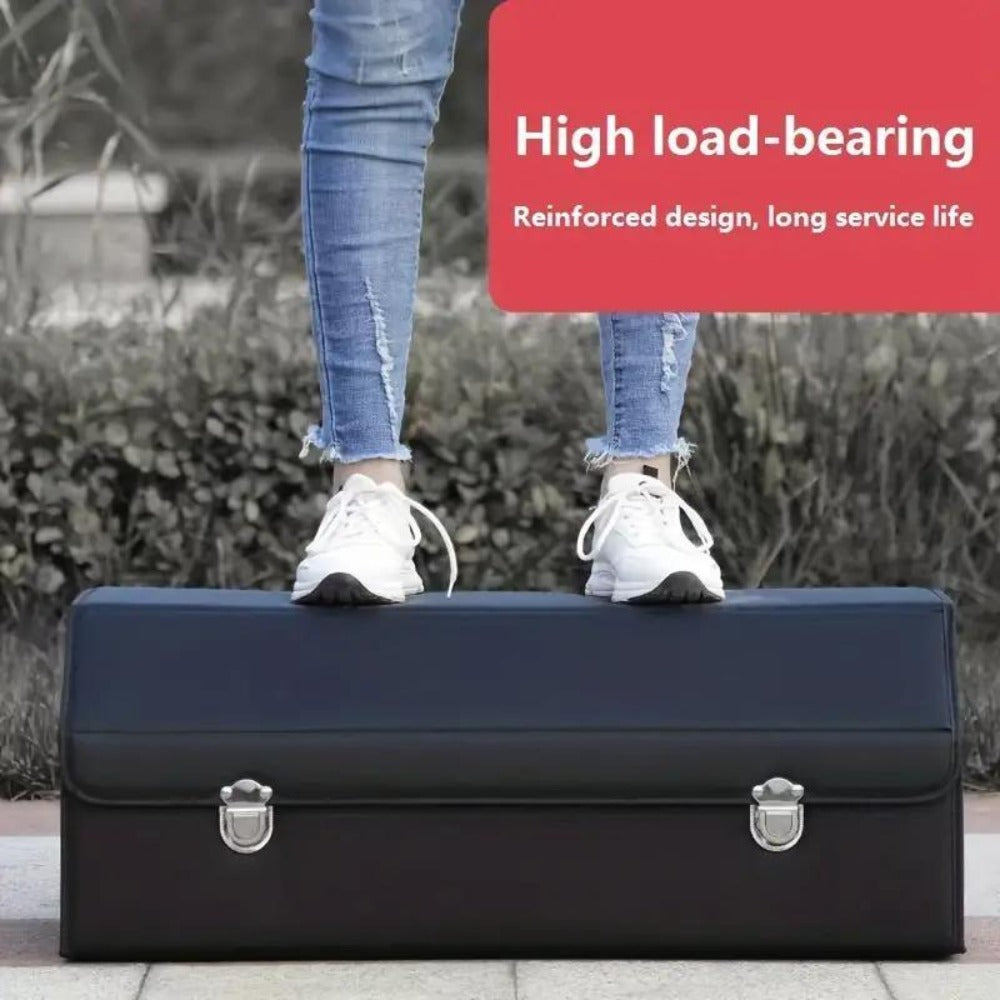 Car Trunk Organizer, Foldable PU Leather and Oxford Box with Adjustable Dividers in 12.15 Gallon or 32L Sizes