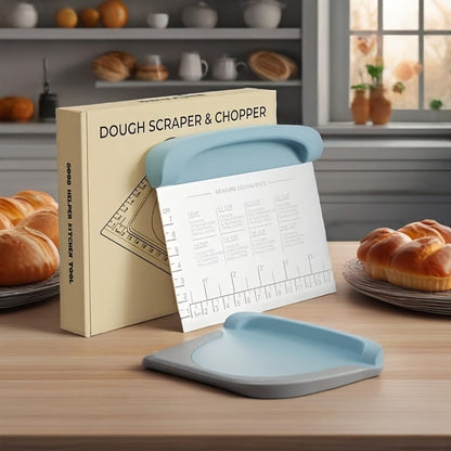 Two-Piece Dough Scraper Set with Metal Bench Cutter, Measurement Guide and Blue or Grey Bowl Scraper