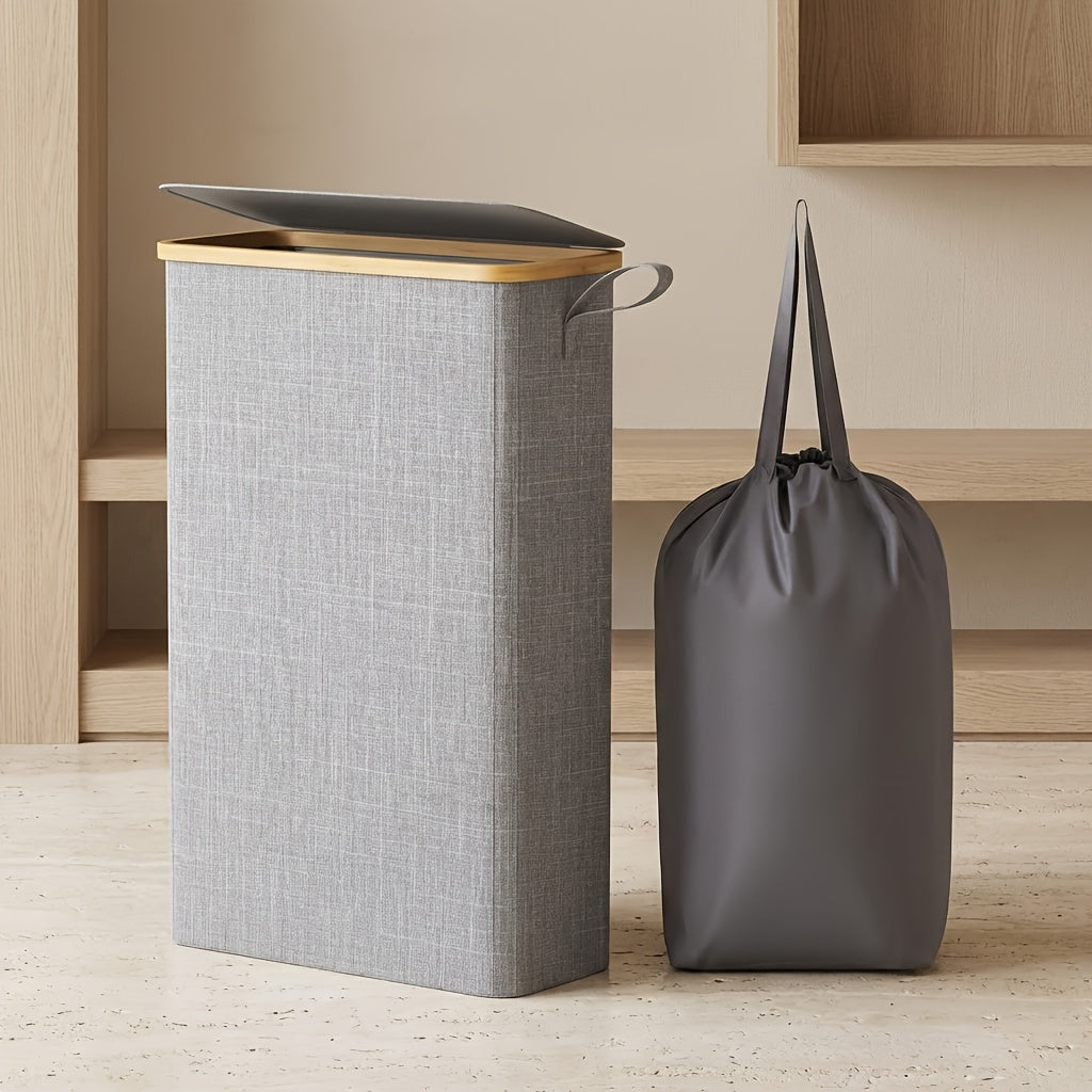 Slim Laundry Hamper with Lid & Removable Bag – Foldable Narrow Clothes Basket with Bamboo Handles for Bathroom, Bedroom & Dorm – 50L / 65L / 75L Space-Saving Collapsible Laundry Bin