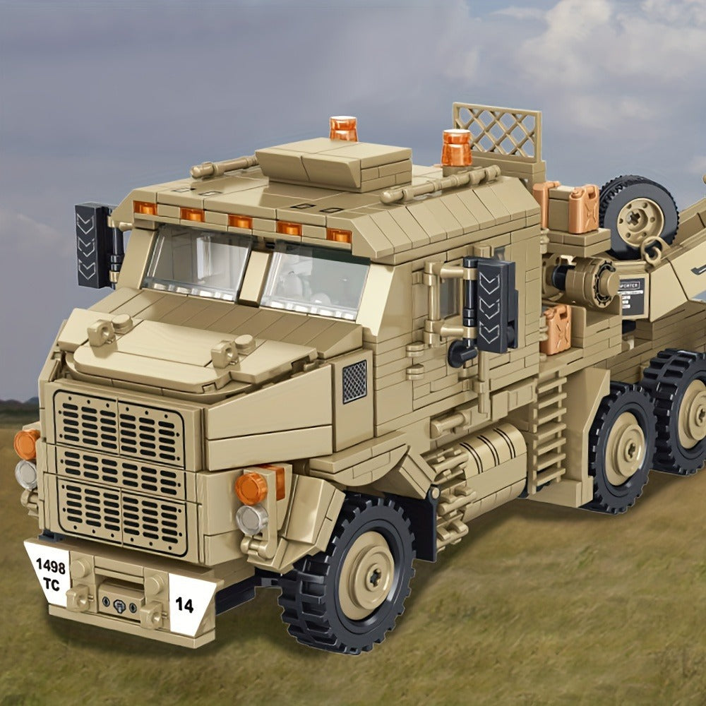 3482-Piece Tank Hauler Building Block Model with Tractor, Long Trailer, Tracked Vehicle and 628015 Code