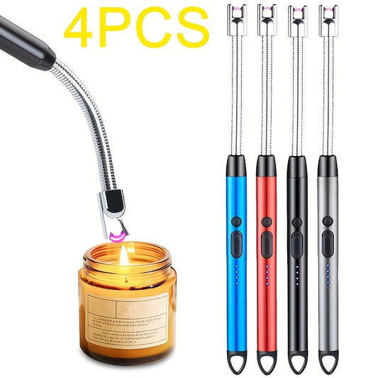 USB Rechargeable Arc Lighter 4-Pack Flameless Windproof Candle Lighter with Flexible Neck, 360° Rotation, LED Battery Indicator & Safety Switch – for Candles, Grill, Camping, BBQ, Aromatherapy