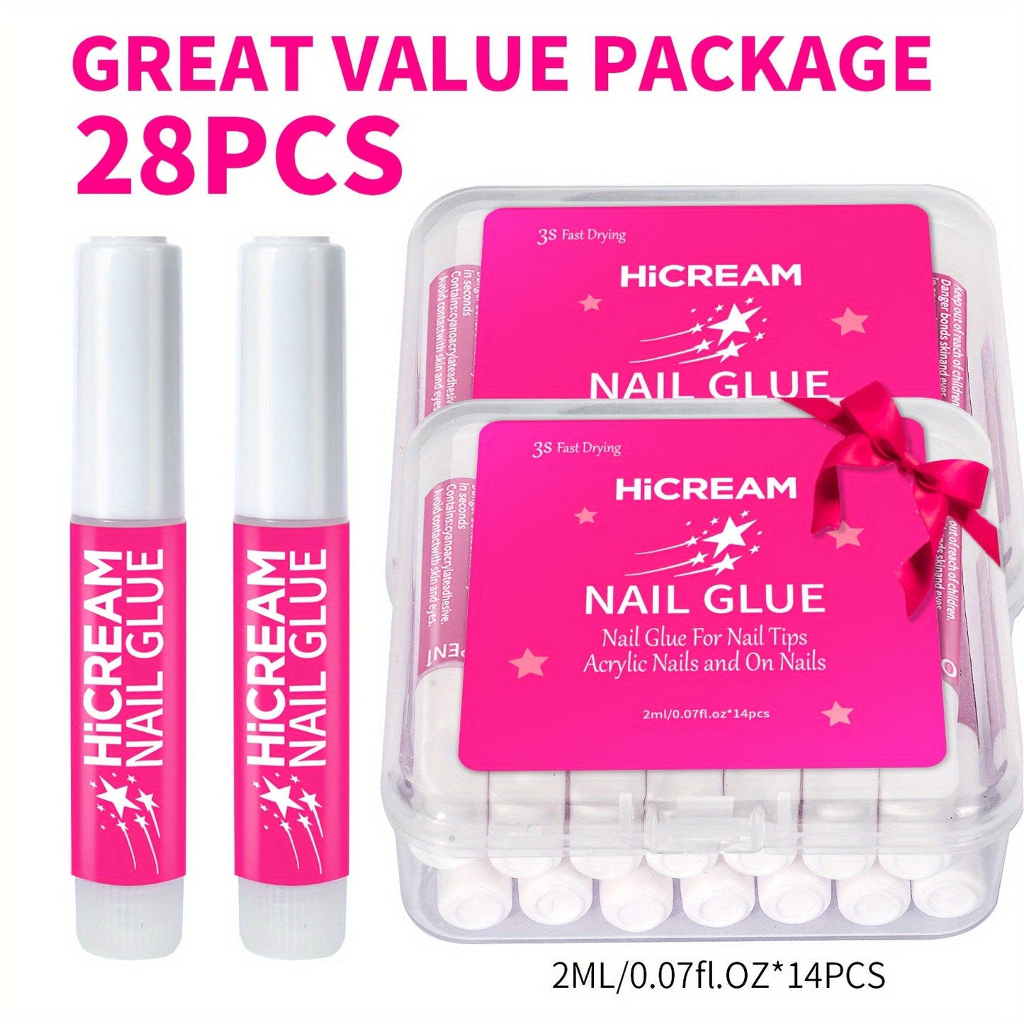 Nail Glue Set, MICHAN 14- or 28-Piece Configurations with 2ml Squeeze Tubes and Optional 7ml Brush Bottles