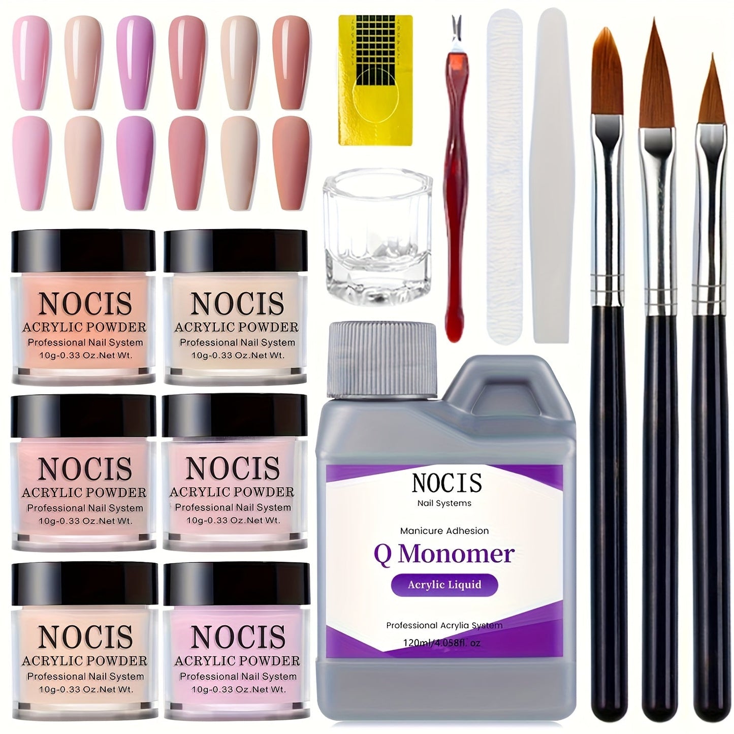 Six-Color Acrylic Nail Powder Set with Monomer Bottle and Application Tool Assortment in Three Set Codes