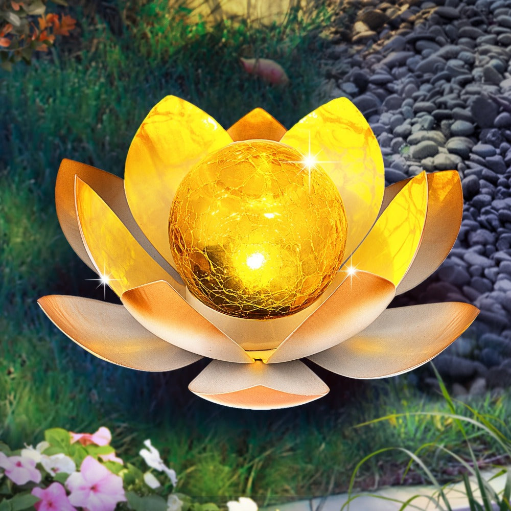 Solar Garden Lights 2-Pack Lotus Stakes with Cracked Glass Globes, Iron Frame and IPX4 Rating