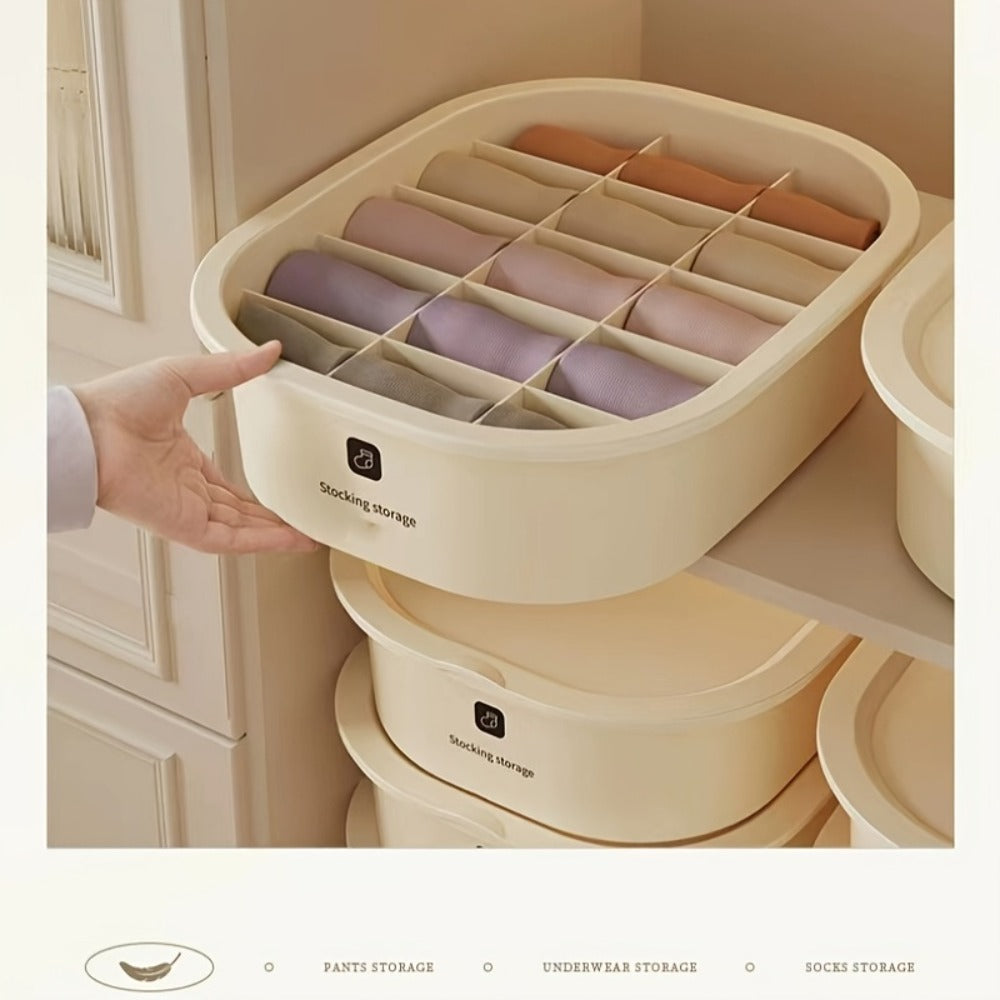 Three-Piece Beige Drawer Organizer Bin Set with Lidded Dividers for Underwear, Socks and Small Accessories