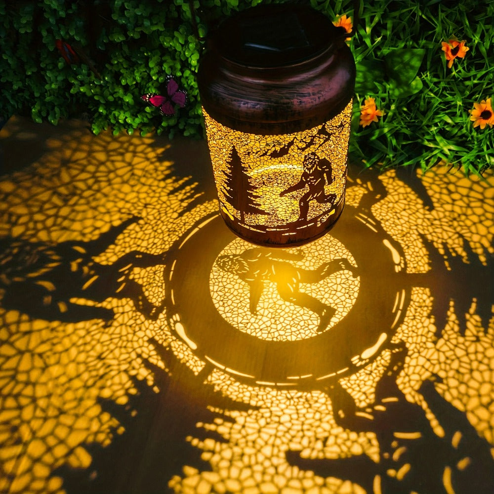 Solar Outdoor Lights Bigfoot Metal Hanging Lantern with IP65 Rating and Warm Pattern Projection