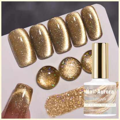 10ml Golden Glitter Cat Eye Gel Polish with Magnetic Color Effect and UV/LED Lamp Curing Label