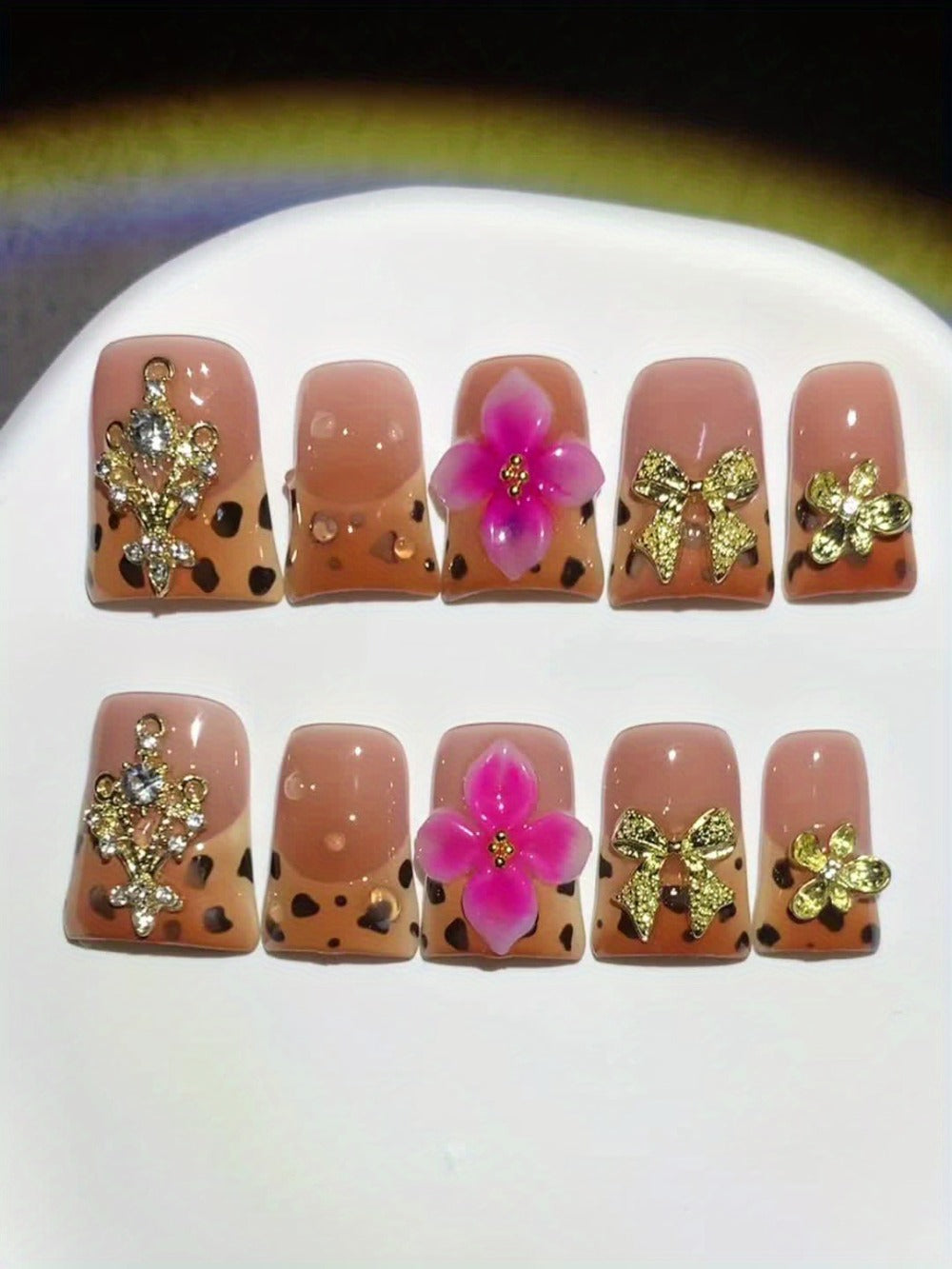 Press On Nails 10-Piece Medium Duckbill Set with Brown-Pink Gradient, 5D Flowers and Included Gel Tabs