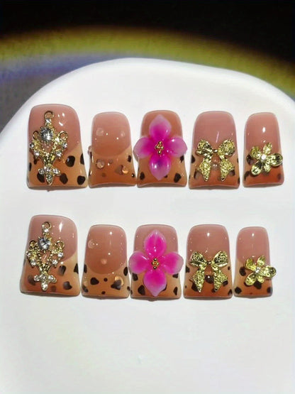Press On Nails 10-Piece Medium Duckbill Set with Brown-Pink Gradient, 5D Flowers and Included Gel Tabs