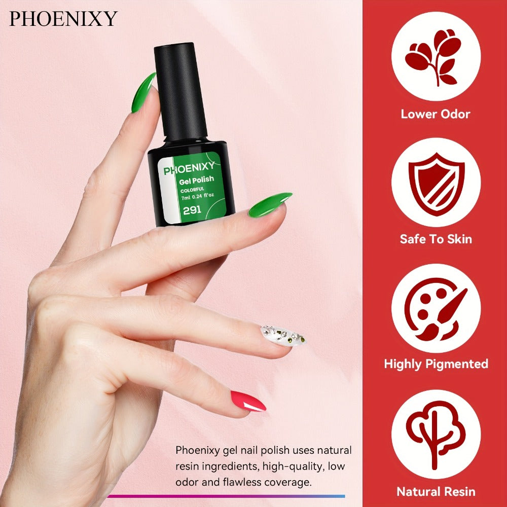 Gel Nail Polish Set with PHOENIXY Label, 30 Pieces with Base, Glossy, Matte and Glitter Top Coats