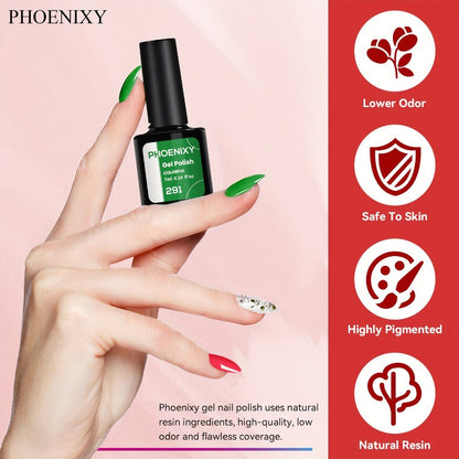 Gel Nail Polish Set with PHOENIXY Label, 30 Pieces with Base, Glossy, Matte and Glitter Top Coats