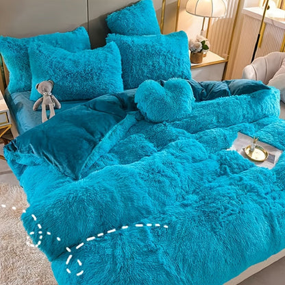 Plush Four-Piece Duvet Cover Set with Bed Sheet, Two Pillowcases, Queen or King Size and Eight Colors