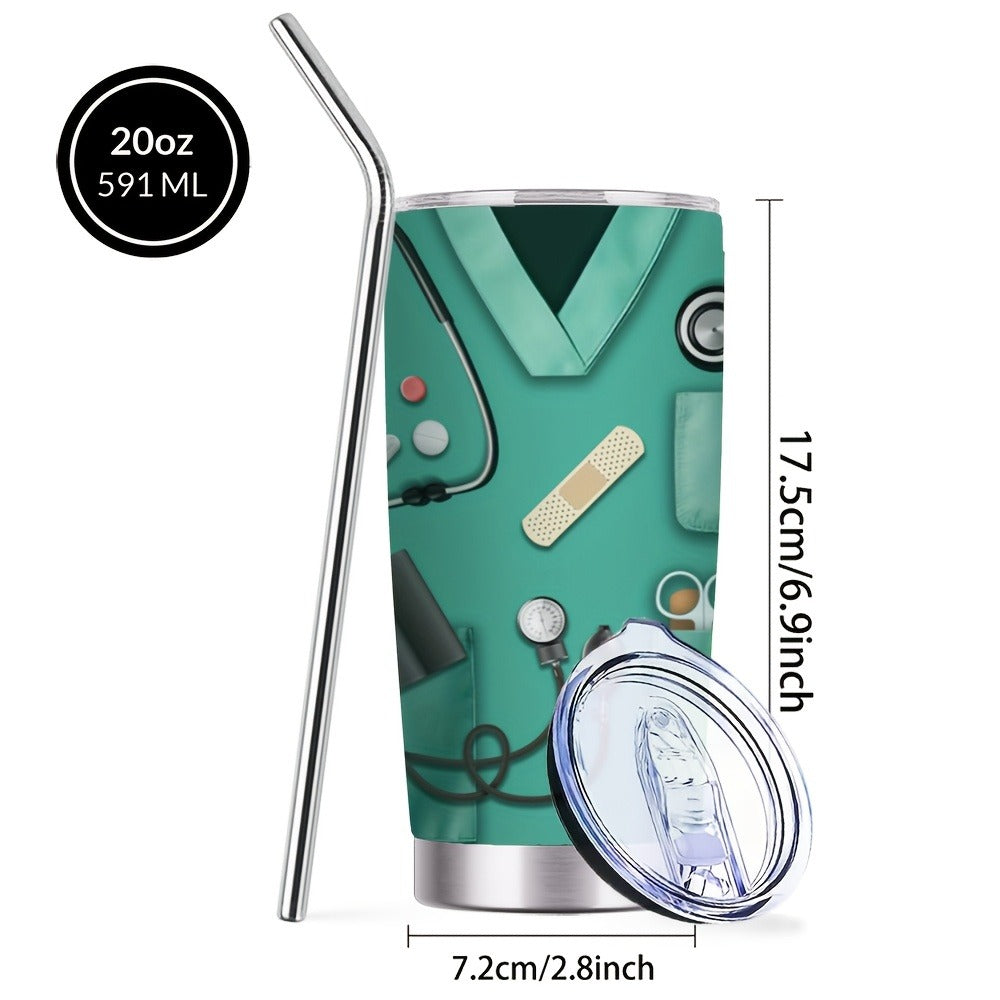 20oz Nurse Medical-Kit Graphic Tumbler with Clear Lid, Metal Straw and Rose Red, Green or Purple Colors