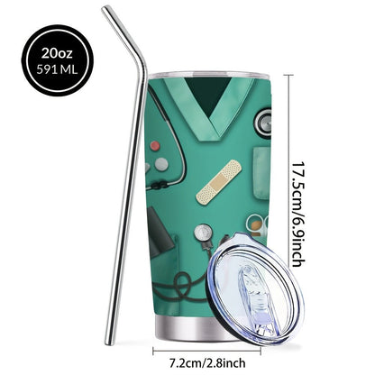 20oz Nurse Medical-Kit Graphic Tumbler with Clear Lid, Metal Straw and Rose Red, Green or Purple Colors