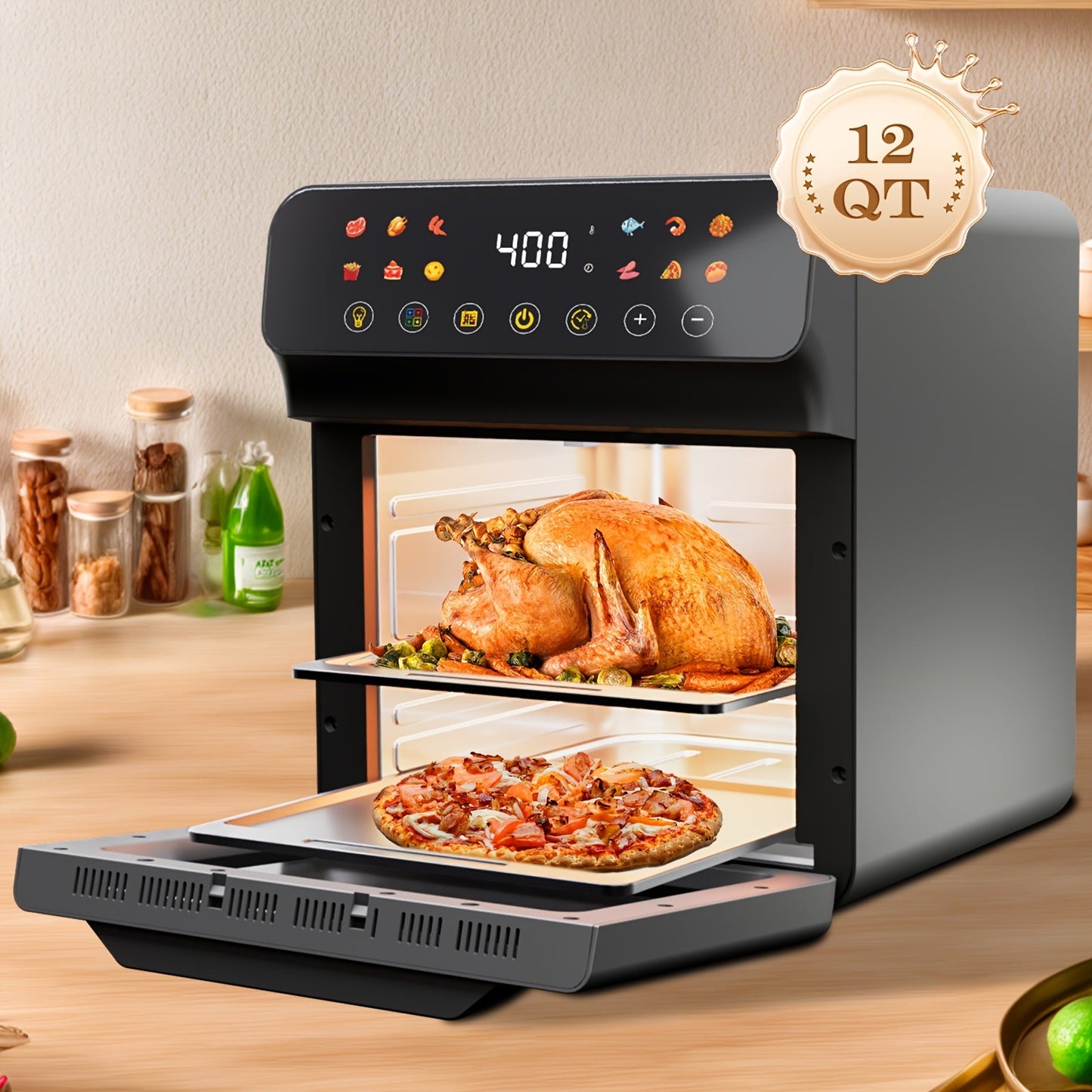 12Qt Air Fryer Convection Oven with Viewing Window, Touchscreen Panel, 12 Function Icons and Two Colors