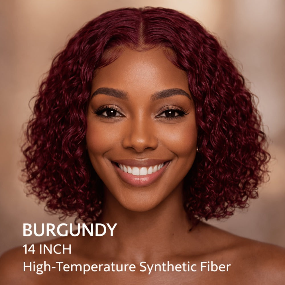 Synthetic Wig 14-Inch Deep-Wave Curly Bob with Glueless Rose Net Cap in Four Colors for Daily Style