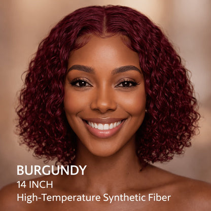 Synthetic Wig 14-Inch Deep-Wave Curly Bob with Glueless Rose Net Cap in Four Colors for Daily Style