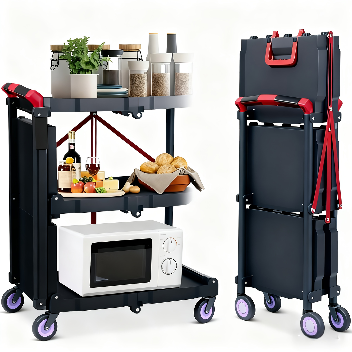 3-Tier Rolling Cart Collapsible Service Utility Cart on Wheels 56 LBS Per Shelf, Portable Folding 3 Shelf Cart Heavy Duty for Kitchen Office Garage Workshop