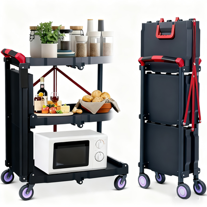 3-Tier Rolling Cart Collapsible Service Utility Cart on Wheels 56 LBS Per Shelf, Portable Folding 3 Shelf Cart Heavy Duty for Kitchen Office Garage Workshop