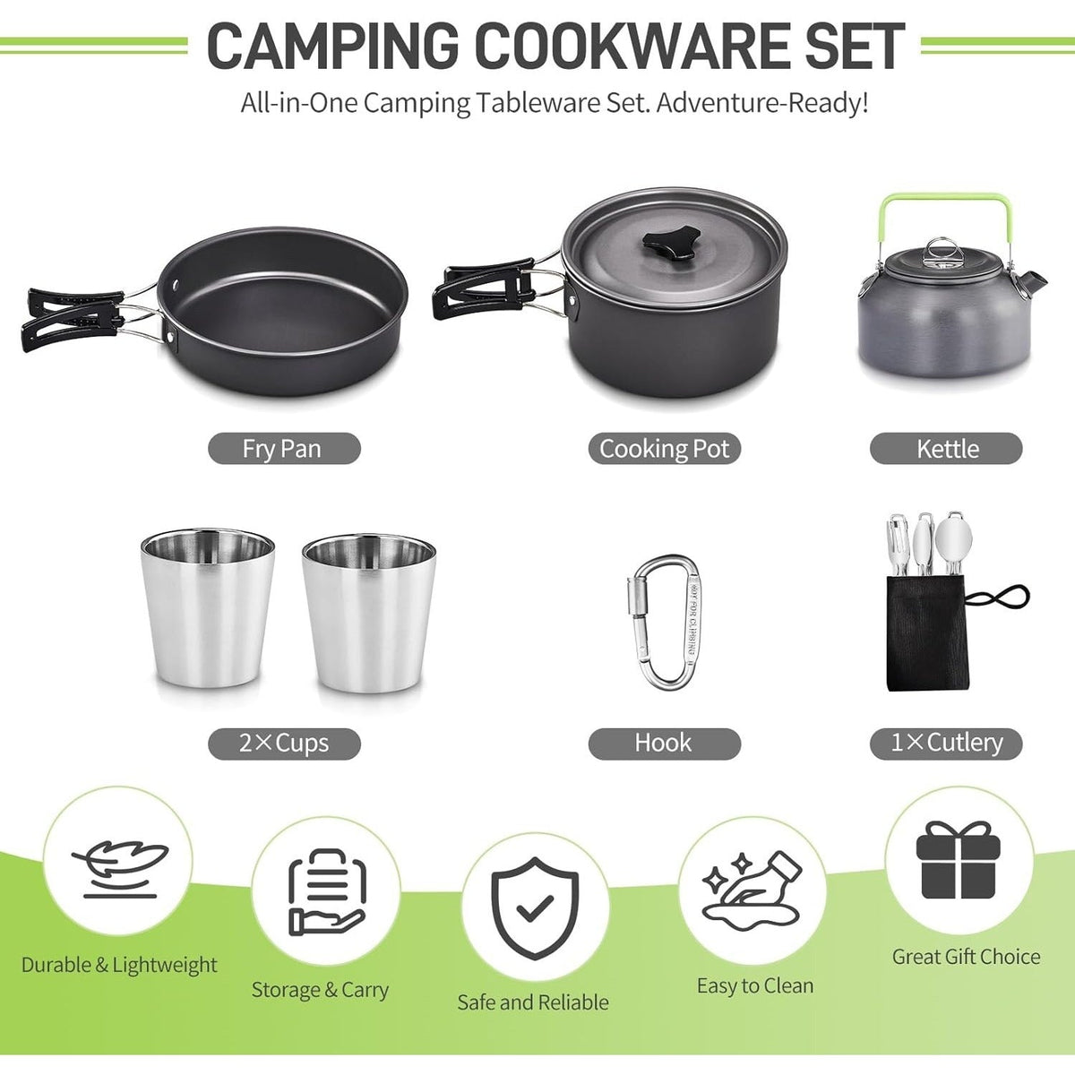 Camping Cookware Set, 19- or 27-Piece Coated Aluminum Mess Kit with Pot, Pan, Kettle, Cups, Plates and Cutlery