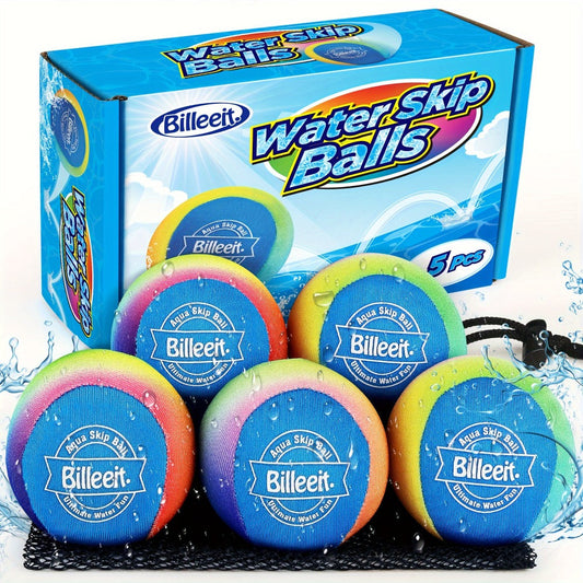 Water Bouncing Balls Set of 5 with Mesh Bag – Colorful Skipping Water Balls for Pool Beach Lake Outdoor Play, Summer Water Toy for Kids Ages 3+ & Adults, Birthday Party Gift