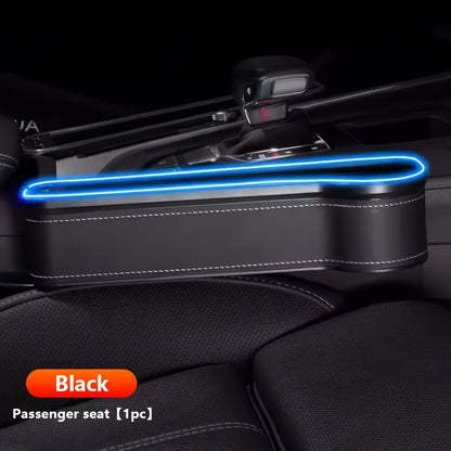 Car Seat Gap Storage Box with Phone Holder & Charger – Sundries Organizer with Ambient Atmosphere Light, Driver & Co-Pilot, 1pc or 2pc Set