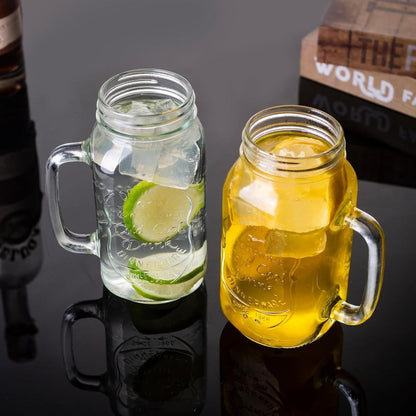 Handled Mason Jar Drinking Glasses, Four-Piece 24-Ounce Set with 700 ml Capacity Labels for Cold Beverages