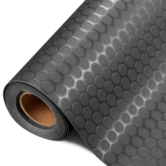 Garage Floor Mat Roll 7x16 FT Heavy Duty PVC Flooring for Parking, Waterproof Under-Car Protector for RV Trailer Workshop, Stain-Resistant Non-Slip Runner Mat, Black & Grey Coin Pattern