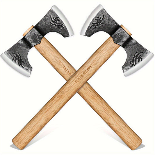 Viking Axe Set 2-Pack Hand Forged High-Carbon Steel 16-Inch Double-Sided Blade with Beech Wood Handle, Bushcraft Carving Axes for Chopping Wood, Camping and Gardening