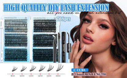 C-Curl Lash Extension Kit with 720 Clusters in 30D-100D Mixed Densities, Bond Product, Tweezers and Brush