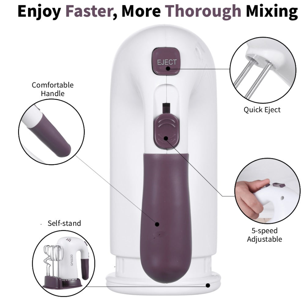 Hand Mixer Electric 400W with Storage Stand & 5-Speed Turbo Boost – 5 Stainless Steel Attachments for Baking Cream Cake Dough Cookie