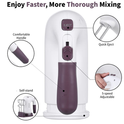 Hand Mixer Electric 400W with Storage Stand & 5-Speed Turbo Boost – 5 Stainless Steel Attachments for Baking Cream Cake Dough Cookie