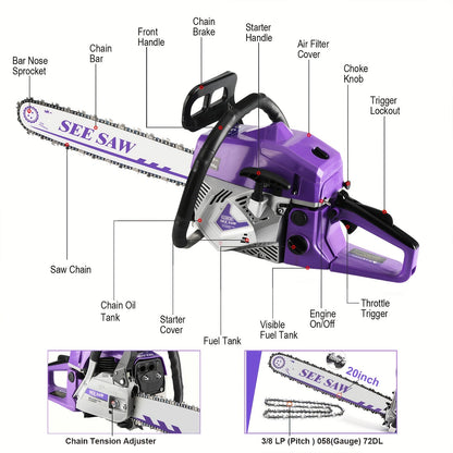 Chainsaw, Gas Powered Forestry Wood Cutting Farm Yard for Garden, Patio and Yard Use, with the Listed Configuration