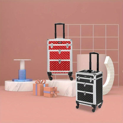 Black Rolling Makeup Train Case with Four Wheels, Telescoping Handle, Three Top Trays and Two Drawers