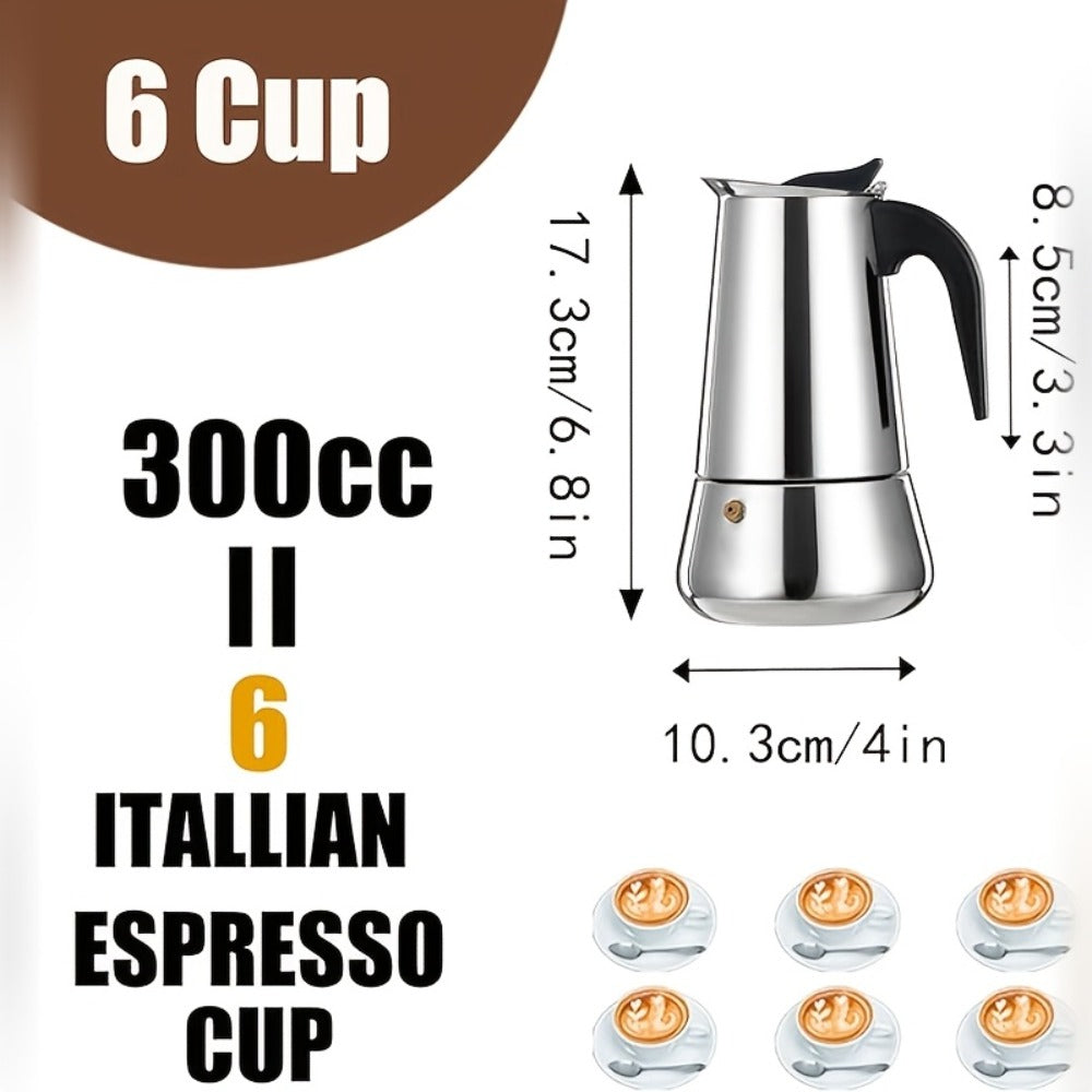Straight-Sided Stovetop Moka Pot with Reusable Filter, Safety Valve and 2-, 4-, 6-, 9- or 12-Cup Options