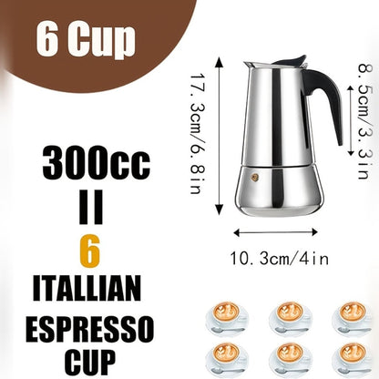 Straight-Sided Stovetop Moka Pot with Reusable Filter, Safety Valve and 2-, 4-, 6-, 9- or 12-Cup Options