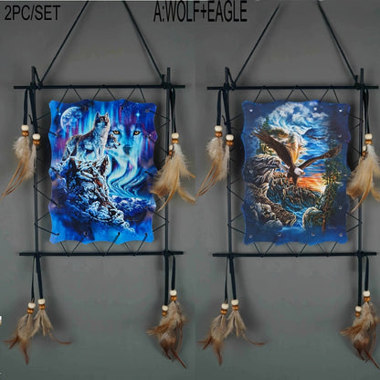 Two-Piece Animal Canvas Wall Hanging Set with Beads, Feathers and Three Wolf-Eagle Designs