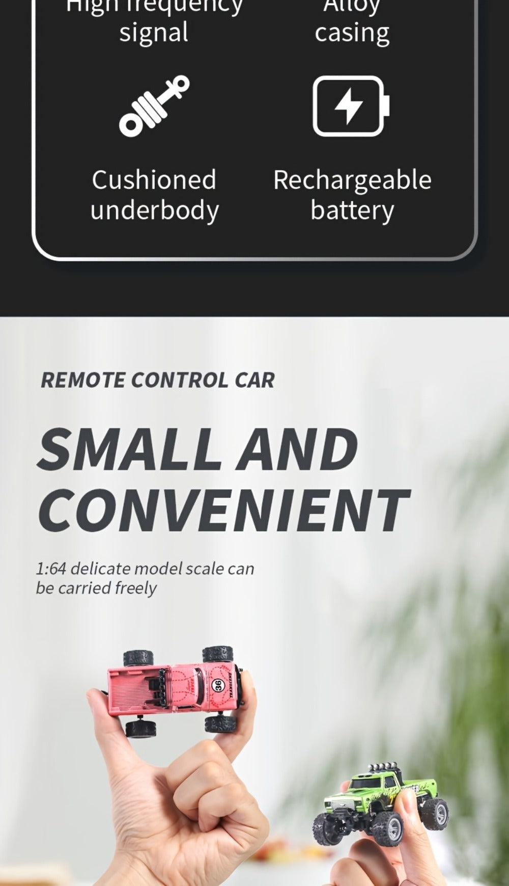 Mini RC Monster Truck 1:64 Scale with Matching Trailer, 2.4GHz Controller, LED Details and Three Color Options