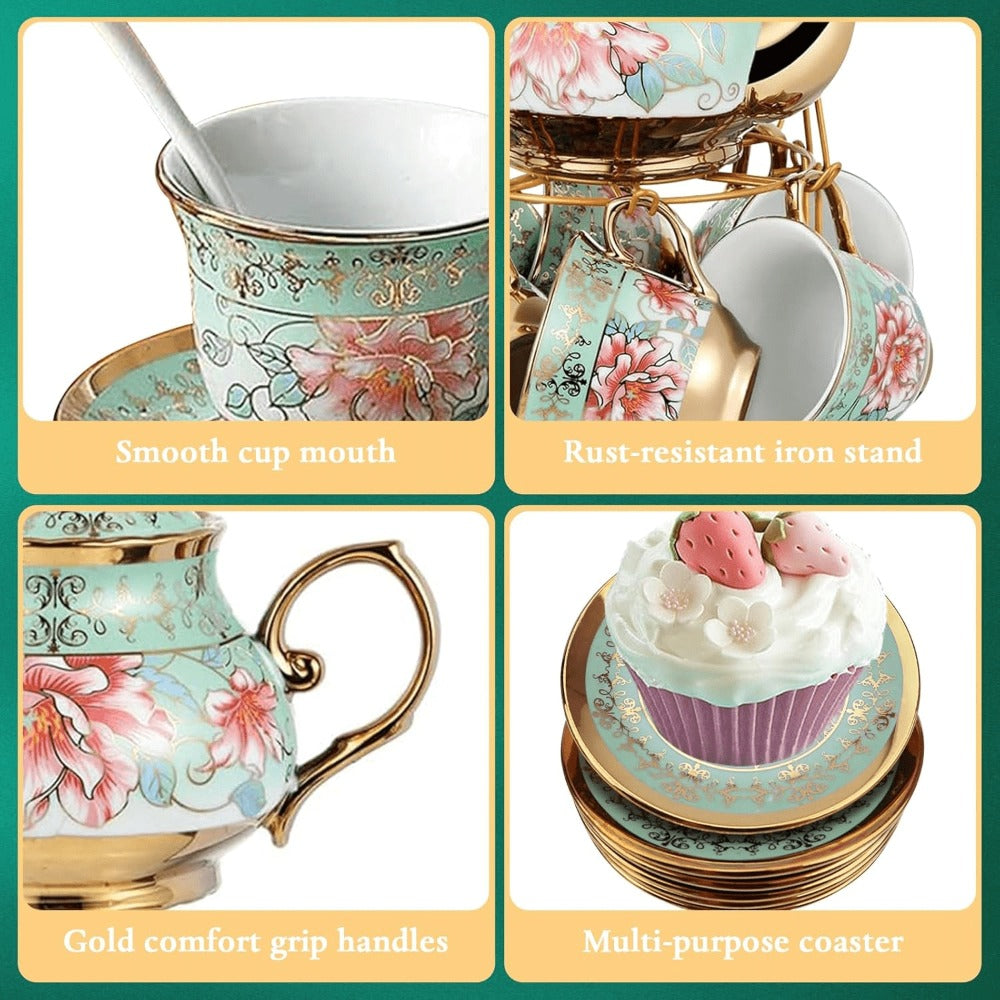 20-Piece Floral Ceramic Tea Set with Saucers & Metal Stand, European Afternoon Tea Service, Blooming Design