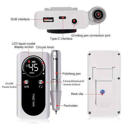 Electric Nail Drill 45000 RPM Cordless Kit with Power Display, Adjustable Speed and Three Colors
