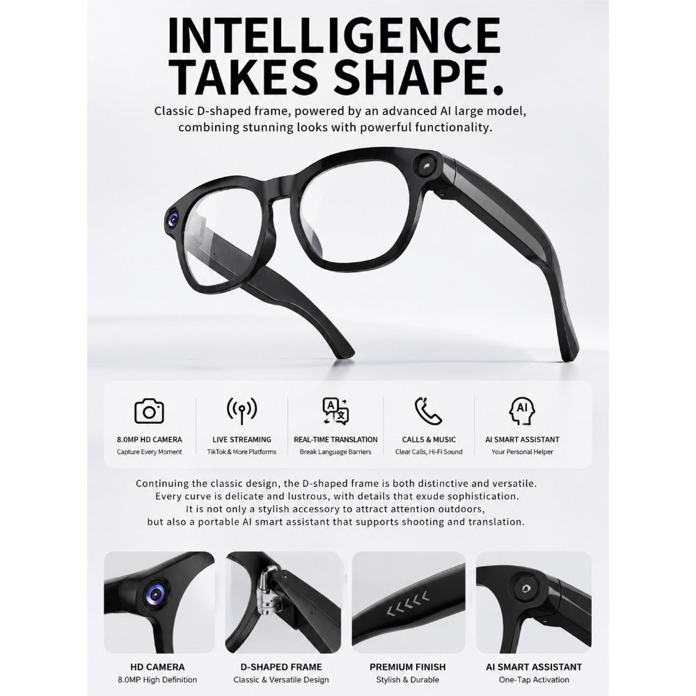 Smart Glasses 8MP Camera Eyewear with Translation, Object Recognition, Touch Control and Bluetooth Audio