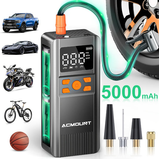 Portable Tire Inflator Cordless Air Compressor – 150PSI Fast Inflation, 5000mAh Rechargeable Battery, Digital Pressure Gauge, LED Light, 4+ Modes for Car Bike Motorcycle Sports Balls