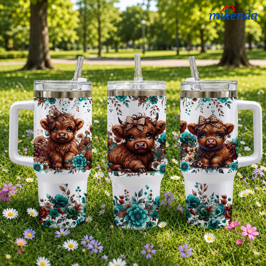 Insulated Tumbler 16oz or 40oz-2 Highland Cow Floral Graphic in 304 Stainless Steel Vacuum Design