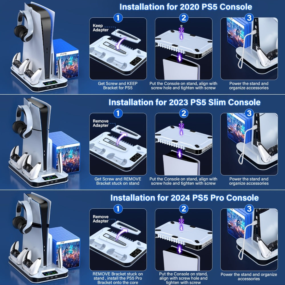 Black Console Cooling Stand Compatible with PS5, Slim and Pro Models, Three Fan Speeds and Dual Controller Dock