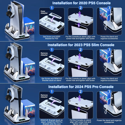 Black Console Cooling Stand Compatible with PS5, Slim and Pro Models, Three Fan Speeds and Dual Controller Dock