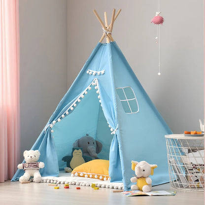 Kids Teepee Play Tent with 140 x 120cm Frame, White, Blue, Pink or Star Fabric Options and No Sitting Mat