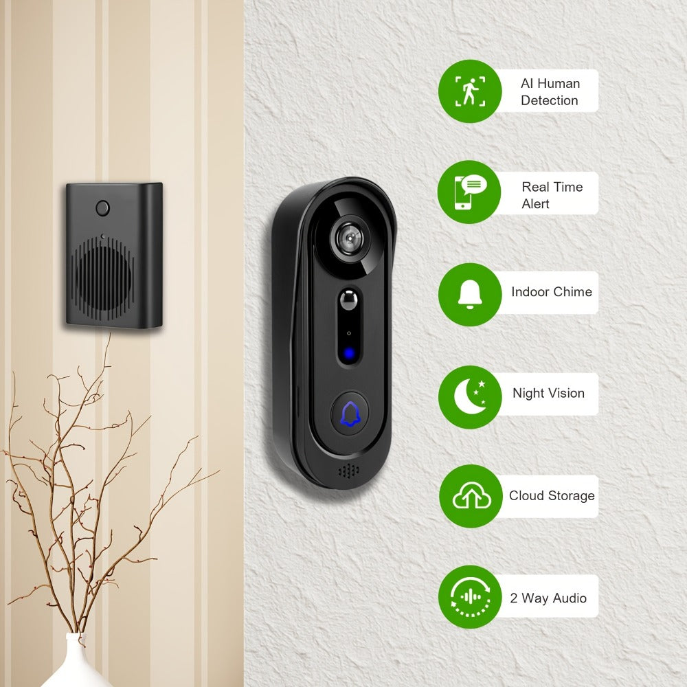 Video Doorbell 1080p Wireless Camera with 166-Degree View, Night Vision, Two-Way Audio and Indoor Chime