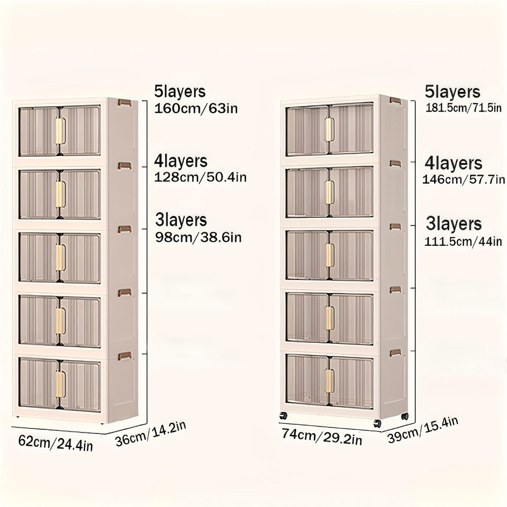 Storage Cabinet Folding Plastic Organizer with Magnetic Doors, Lockable Wheels and Three to Five Tiers