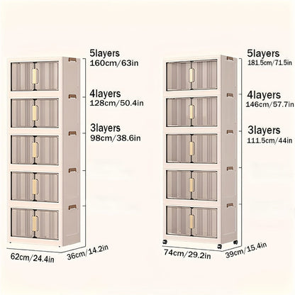 Storage Cabinet Folding Plastic Organizer with Magnetic Doors, Lockable Wheels and Three to Five Tiers